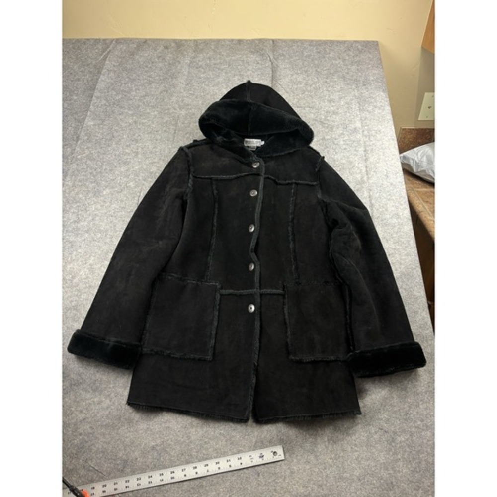 Newport News Women's‎ XL Black Leather Patchwork Coat Jacket Fur Trim Y2K 90s